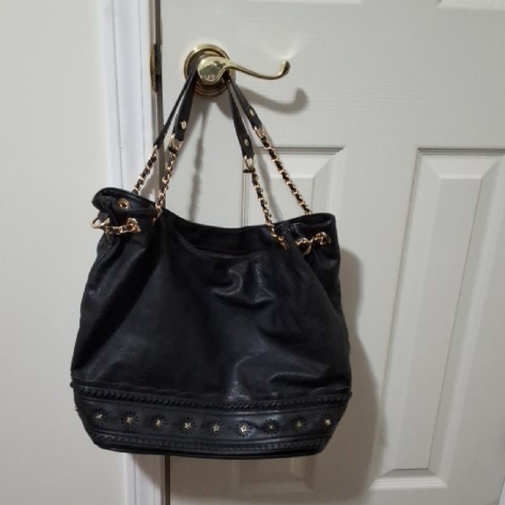 Elegant Black Tote with Laser Cut and Gold Accents and Chain